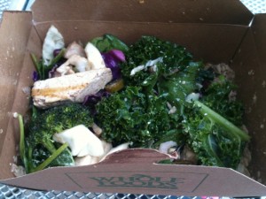 a pinch of this, a pinch of that!!! -->kale, shrimp, tofu, turkey, chicken, tuna, hard boiled egg, kidney beans, edamame, celery, spinach, broccoli, jalapenos, red cabbage, onion, olive oil and vinegar